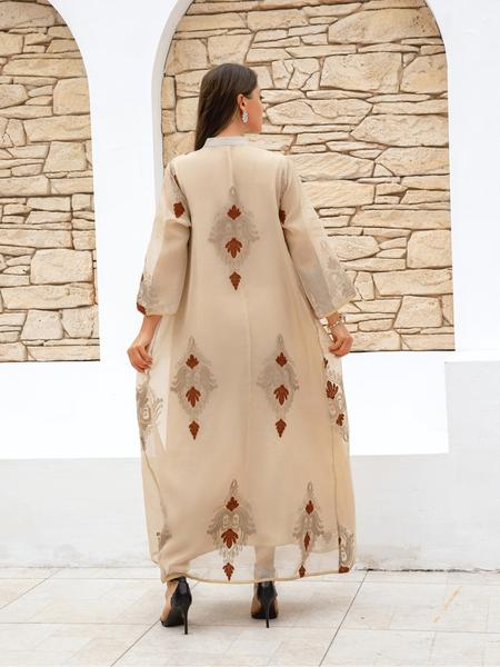 Women's Ethnic Pattern Embroidery Dress, Modest Elegant Long Sleeve Dress for Party Wedding Guest, Ladies Spring Islamic Clothing
