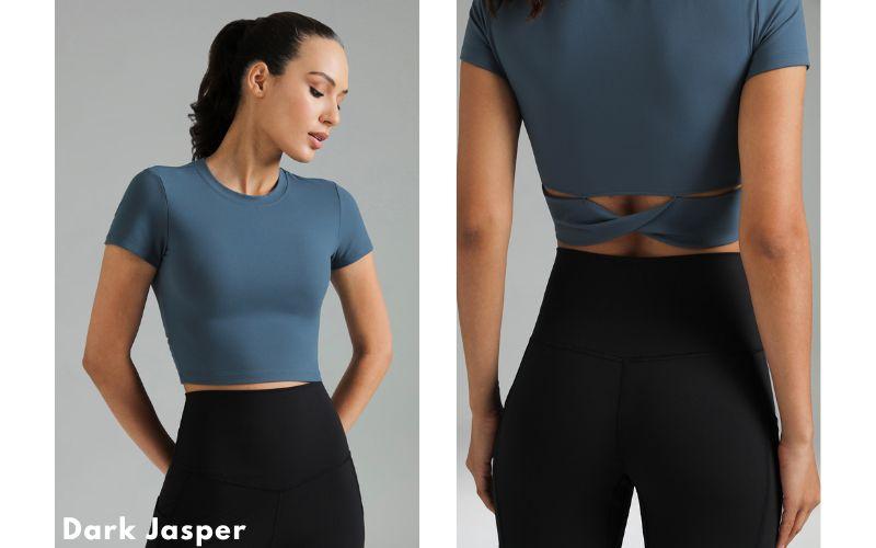 Colorfulkoala Women's Dreamlux Cross-Back Crew Neck Top with Short Sleeves Form-Fitting Athletic Shirt