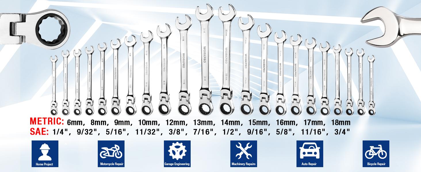 #JumpstartSale WORKPRO 22-Count Ratcheting Wrench Set, Flex-Head Ratchet Combination Wrench Sets with Organizer Box, 72 Teeth, Metric 6-18mm & SAE 1/4-3/4"