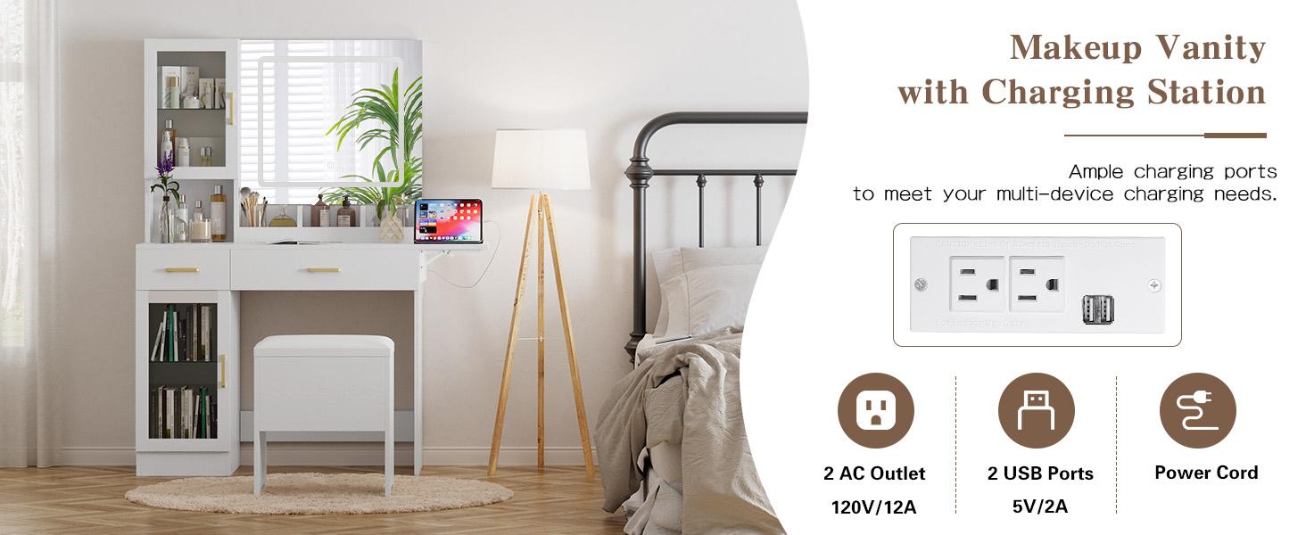 Modern Makeup Vanity Set with Adjustable LED Mirror,Vanity Desk with Stool, Dressing Table Set Furniture Organization