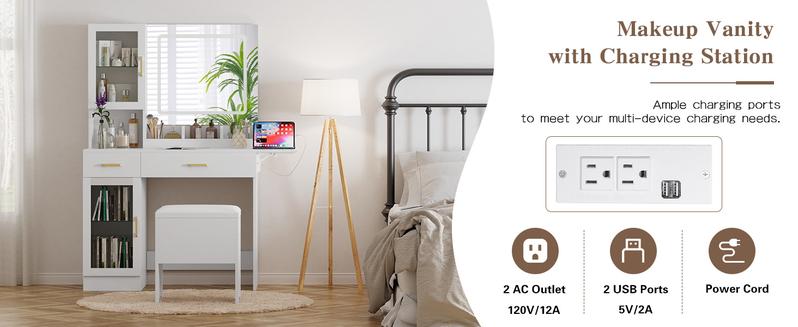Modern Makeup Vanity Set with Adjustable LED Mirror,Vanity Desk with Stool, Dressing Table Set Furniture Organization