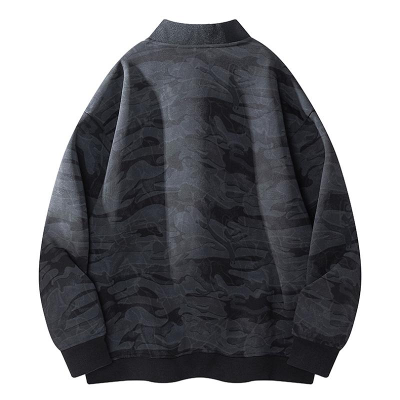 Men's Camo Black Longsleeve Zip-Up Baseball Collar Flying Jacket - Casual Street Outdoor Wear, Full-Front Zipper, Side Pockets, Loose-Fit Polyester Menswear Top for Spring, Autumn Daily Commute, Machine Washable