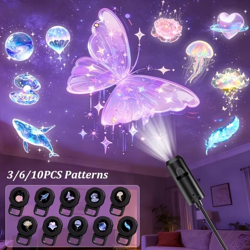 USB LED Projector Light, Aurora Projector Lamp with 3/6/10pcs Patterns, LED Dream Projector Lamp Rose, Whale, Butterfly, Cloud Projection - USB Projector Night Light for Wall/Ceiling Decoration, Bedside Night Light, Birthday Gift