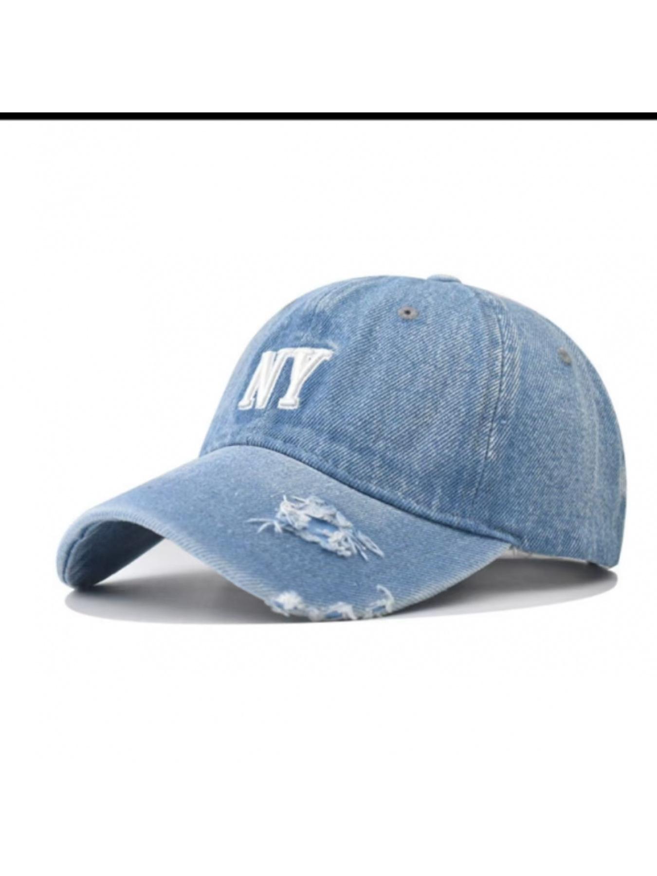 Washed vintage denim baseball cap with NY letter embroidery, versatile unisex peaked hat for all seasons