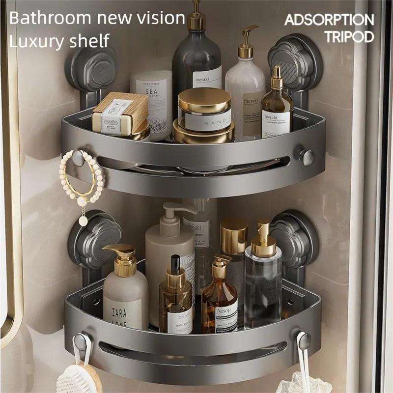 2-3-Pack Gun Gray ABS Triangular Suction Cup Shower Caddy 3-Tier Corner Shelves No Drilling Bathroom Organizer 40lbs Load Capacity Towels Hook Toiletries Storage Rack