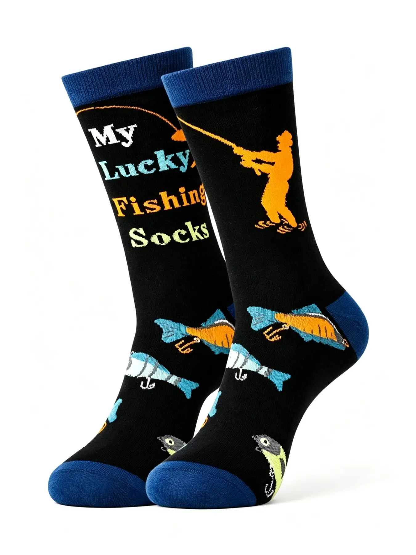 Funny Lucky Fishing Print Men's Outdoor Socks, Soft Breathable Casual Dress Socks, Ideal for Outdoor Activities, Perfect Gift for Fishermen