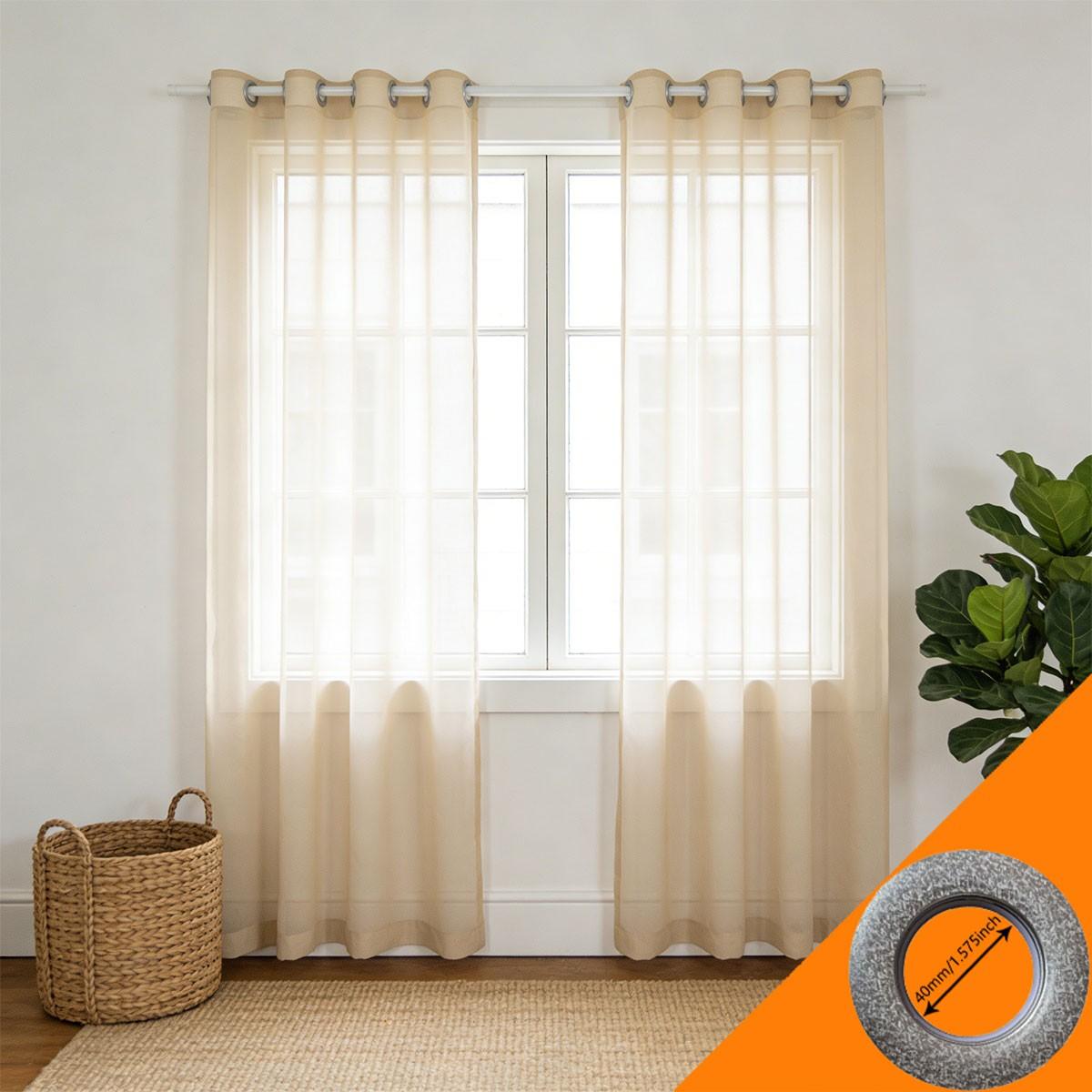 2pcs Creamy Sheer Voile Curtain, Living Room Bedroom Style Perforated Floor-To-Ceiling Window Shade, Balcony Semi-Transparent Curtain