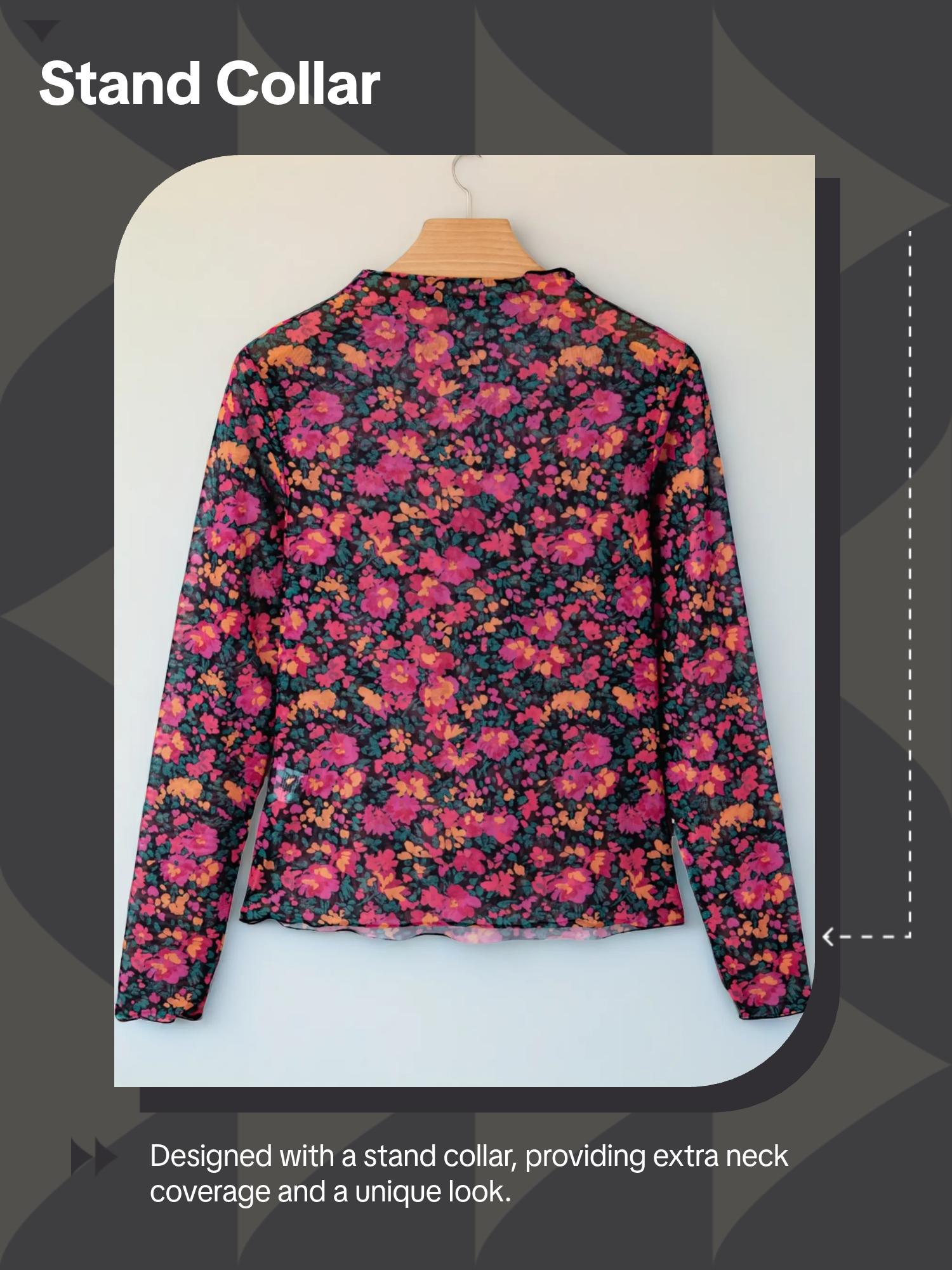 Spring & Fall Women's Rose Print Mesh Long Sleeve Stand Collar Fitted Top, Stylish and Comfortable Casual Wear, Perfect for Daily Use