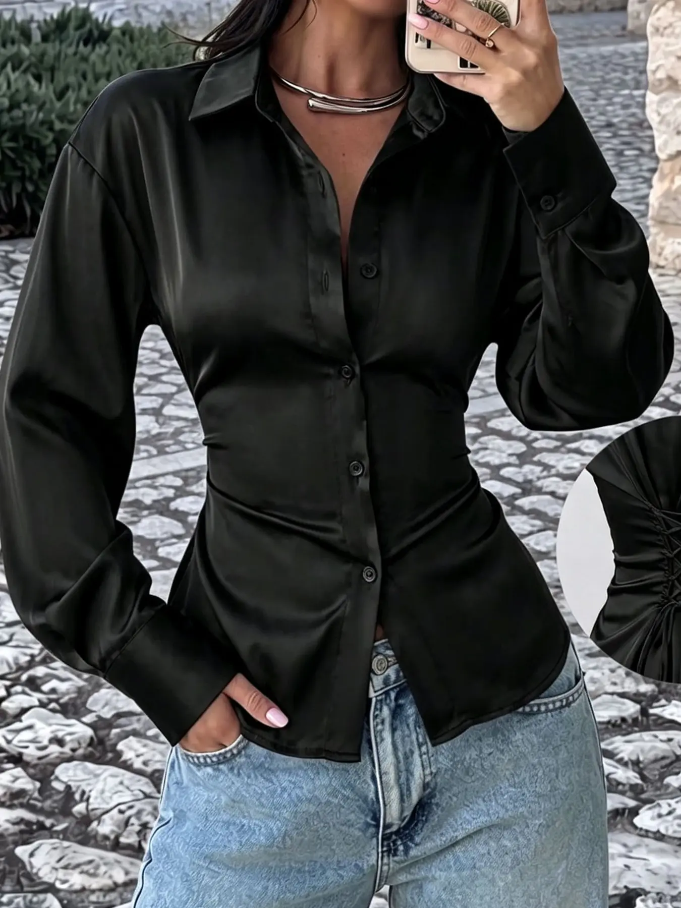 Women's Back Tie Waist Blouse, Collared Slim Fit Long Sleeve Top, Minimalist Vintage Look, Elegant Retro Base Layer Shirt, Collared Neck Blouse