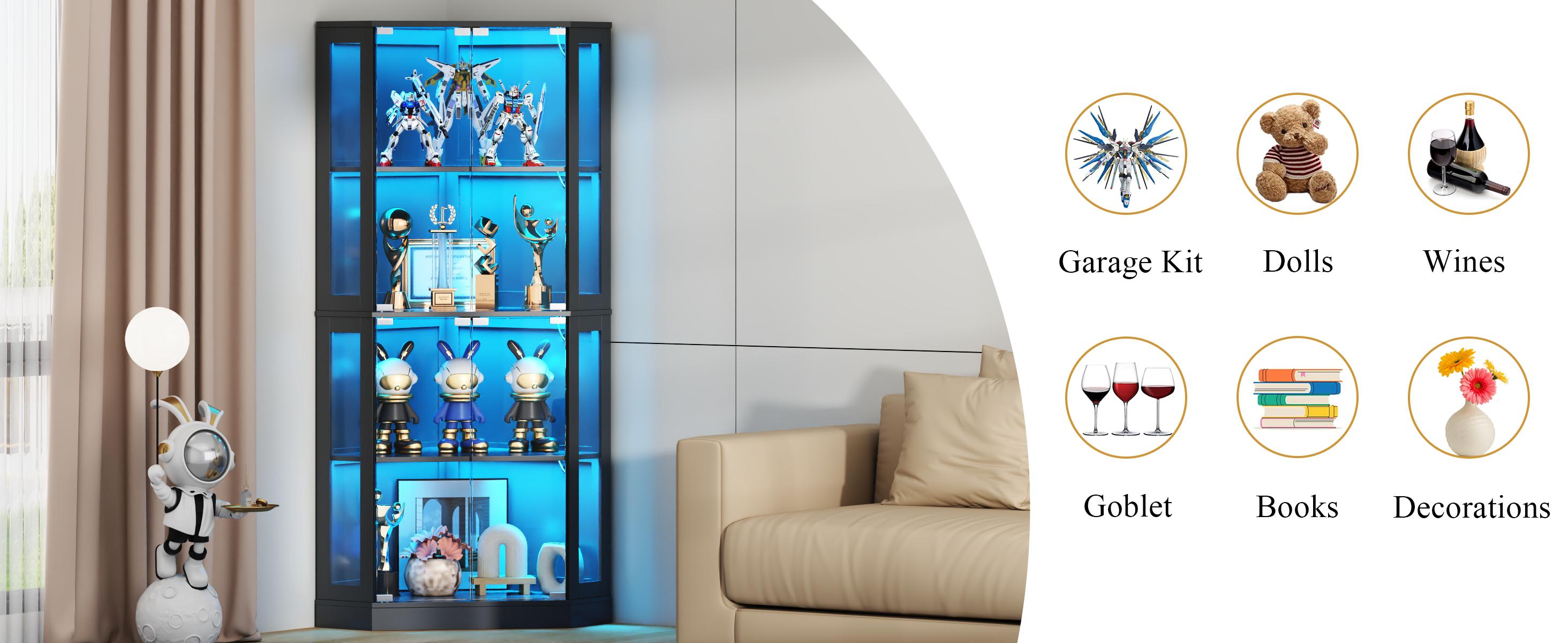 Corner Display Cabinet with Multi-Color LED Lights, Modern Curio Cabinet with Glass Doors, 4 Tier Glass Display Shelves Apartment Furniture