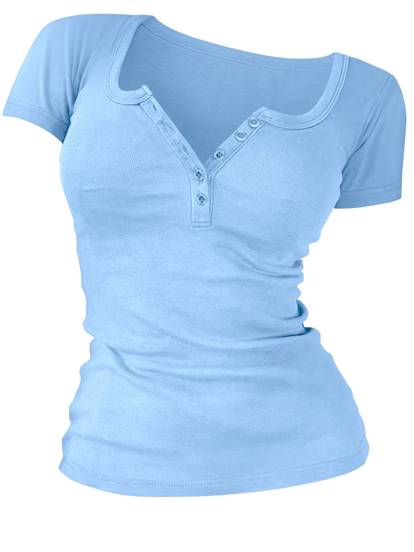 Women's Solid Color Button V-Neck Tee, Casual Short-Sleeve T-Shirt Top for Summer Daily Wear, Ladies Clothes