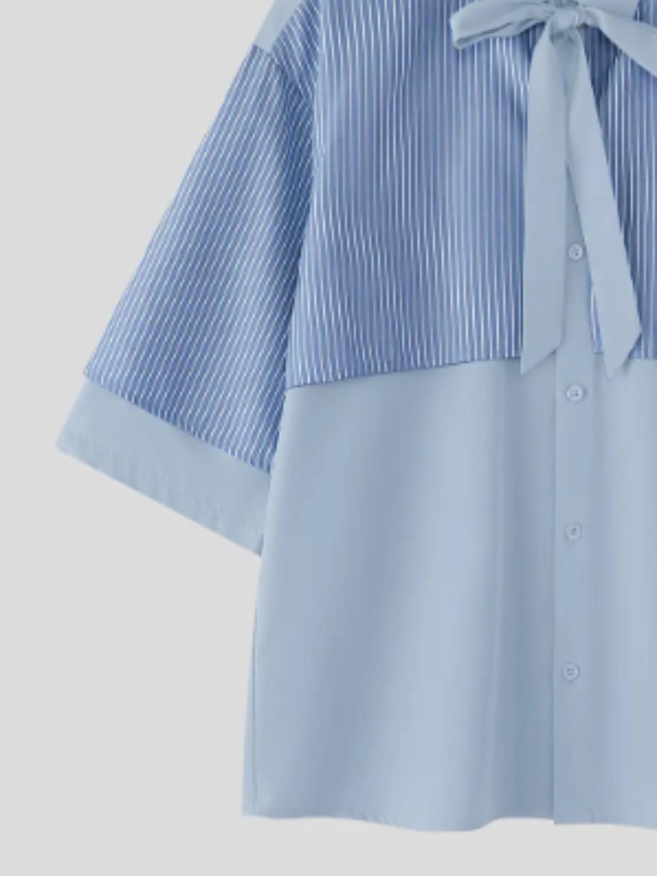 INCERUN Men's Patchwork Colorblock Striped Tie Short Sleeve Shirt, Perfect for Daily Wear, Stylish and Comfortable, Ideal for Casual