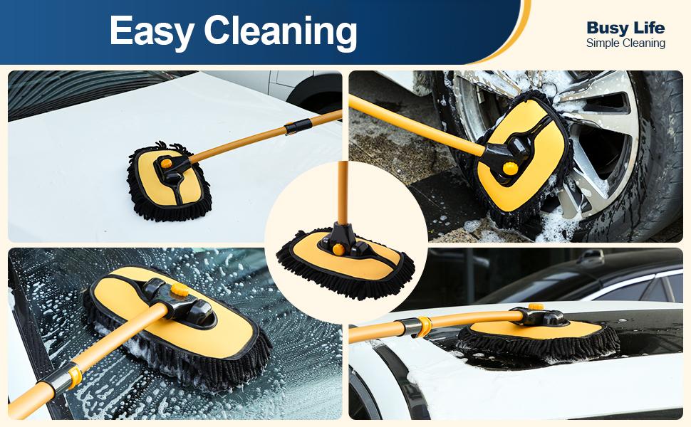 43'' Long handle car wash mop，15° Ergonomic design，Microfiber material，Avoid scratching，Retractable aluminum pole(Durable)，suitable for Cars, Truck, SUV and Home cleaning - Car Wash Accessories! Caressentials! Labor Day Gift!