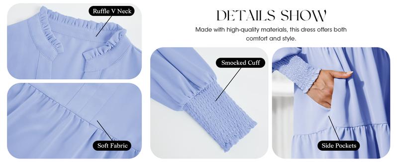 Wenrine Womens Fall Long Sleeve Tunic Dress Casual V Neck Loose Ruffle Tiered Dress