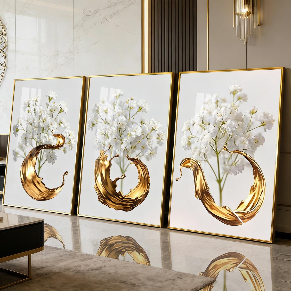 3 Counts Aluminum Alloy Framed Painting, White Flowers With Golden Liquid Art Pictures, Home Decoration For Living Room, Bedroom, Office, Restaurant, Hallway Wall Decor, Odorless Print Artwork, Luxury Perfect Gift For Friends And Family