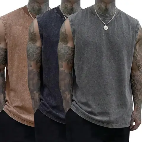 Men's 1-3-Pack Vintage Acid Wash Sleeveless Tank Top, 100% Cotton Relaxed Loose Fit Crew Neck Cutoff Muscle Shirts, Soft Breathable Cotton Vest, Casual Streetwear, Summer Outdoor Gym Workout Tops