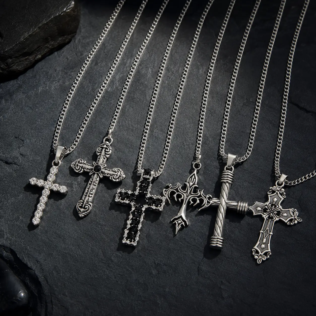 6 Pack Cross Necklace for Men Women, Stainless Steel Gothic Punk Pendant Chain Set, Vintage Layered Cuban Link Necklaces, Y2K Streetwear Jewelry Gift for Him Her