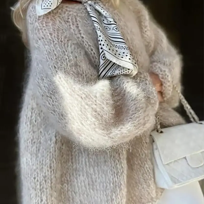 Women's Plush Soft Solid Color Lantern Sleeve Loose Casual Fall & Winter Knit Pullover, Vintage Elegant Daily Wear, 2026 New Fashion
