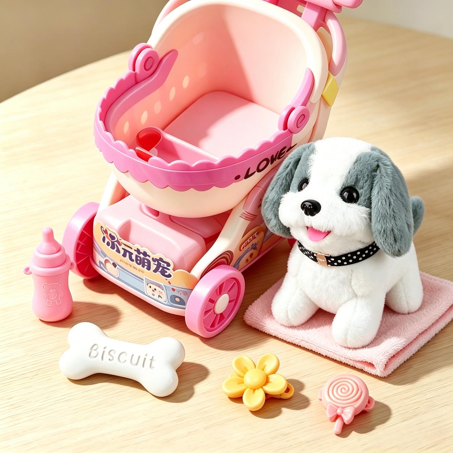 Electric Plush Dog Toy with Stroller Set Interactive Walking Barking Puppy for Kids Girls Toddlers, Soft Stuffed Pet Toy with DIY Accessories, Perfect Birthday Christmas Gift, Viral TikTok Toy for Children Pretend Play