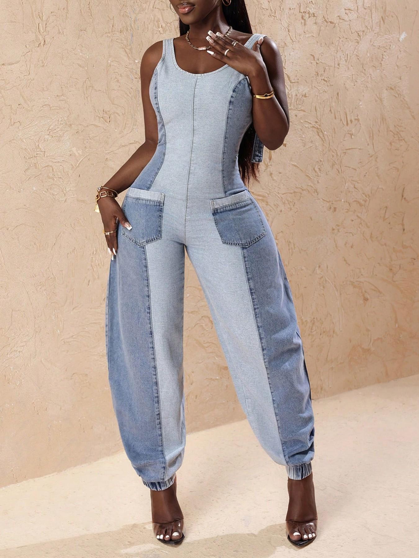 Women's Casual Two-Tone Backless Zipper Front Denim Jumpsuit, Sexy Aesthetic Sleeveless Cowboy Style, All Seasons Plain Surface Unlined Clothing