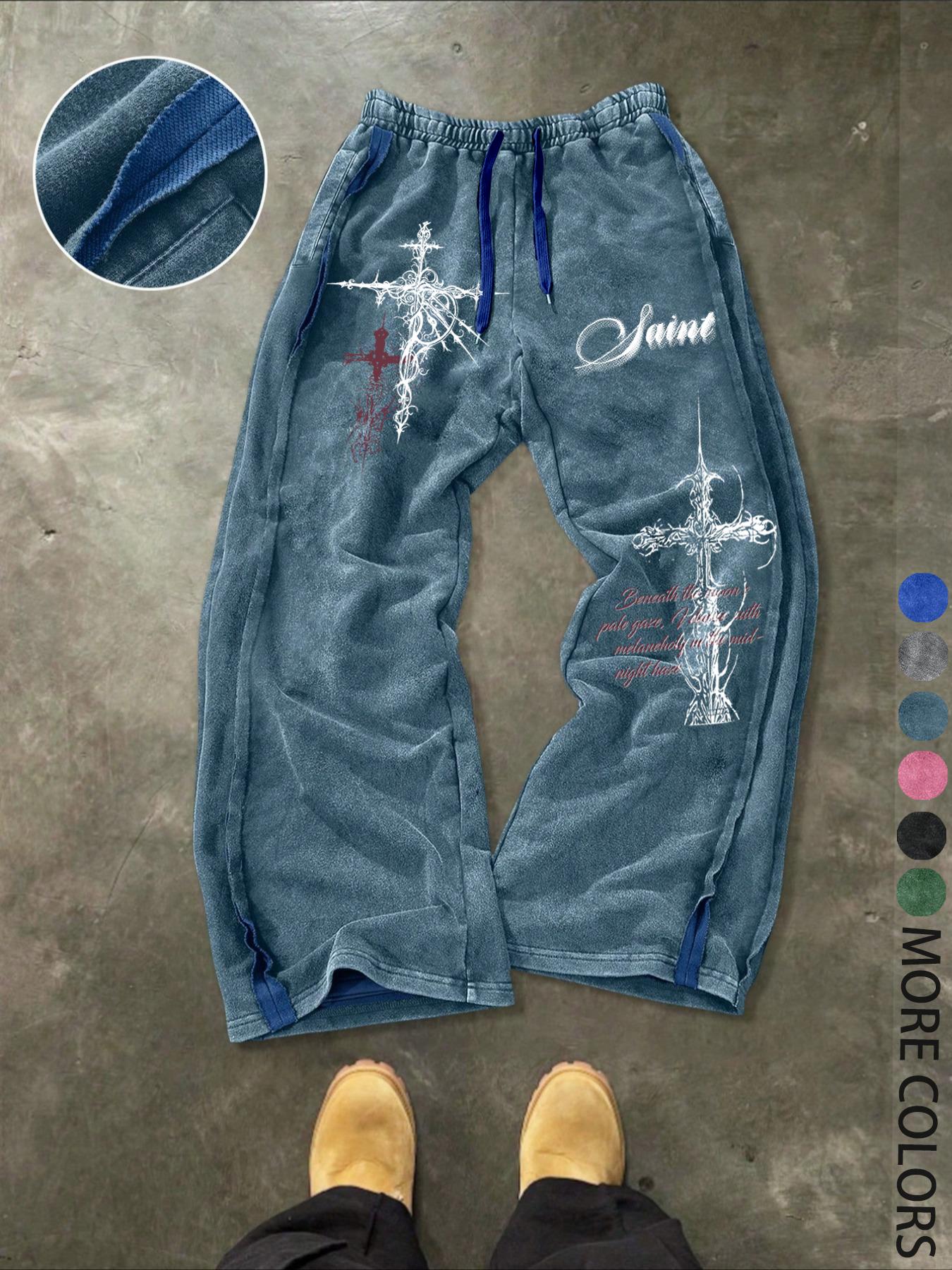 Unisex Gothic Street Style Saint's lettering and Gothic cross pattern print Cotton Sweatpants, Loose Fit Elastic Waist, Casual Fashion Pants for All Seasons,Gothic outfits， Men's Daily Wear Gift
