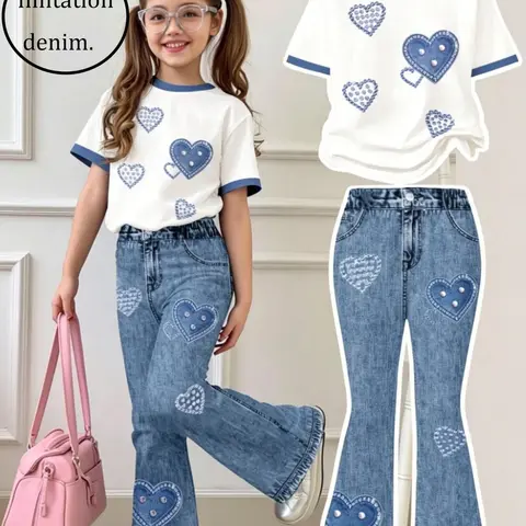 Girls Heart Print Two-Piece Set, Matching Outfits Set, Coordinate Set, Summer Outfits Set, Colorblock Hem Short Sleeve T-Shirt + Bell Bottoms, Sweet Casual Kids Clothes, Ages 4-12