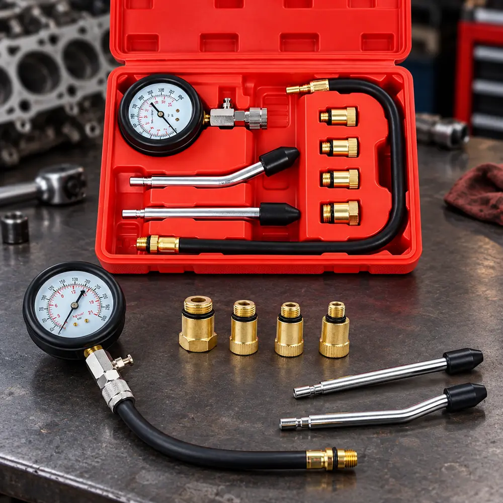 Universal petrol engine compression test tool kit, helps check piston ring valve and gasket issues, for trucks mowers and gasoline engines, shockproof wear-resistant gauge housing, garage and workshop repair tool, pressure relief valve