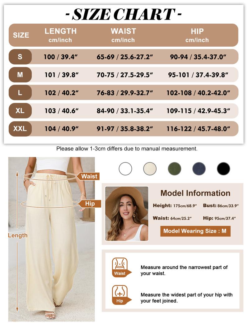Womens Linen Pants Casual Wide Leg Pants Summer Palazzo Pants Loose Flowy Beach Pants Drawstring Elastic Trousers