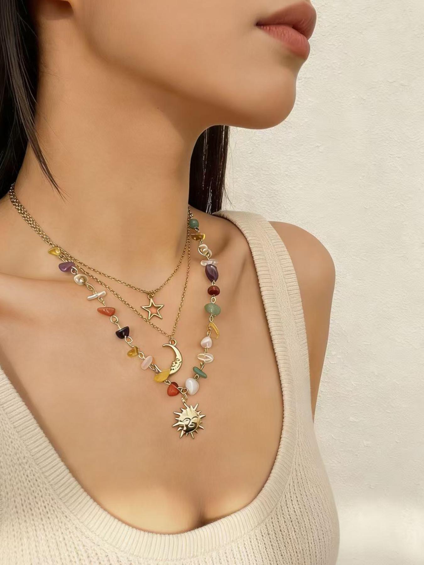 Boho 3 Layered Sun Moon Star Necklace for Women, 7 Chakra Healing Crystal Beaded Pendant Necklace, Bohemian Gold Layered Necklace, Summer Beach Jewelry Gift for Her