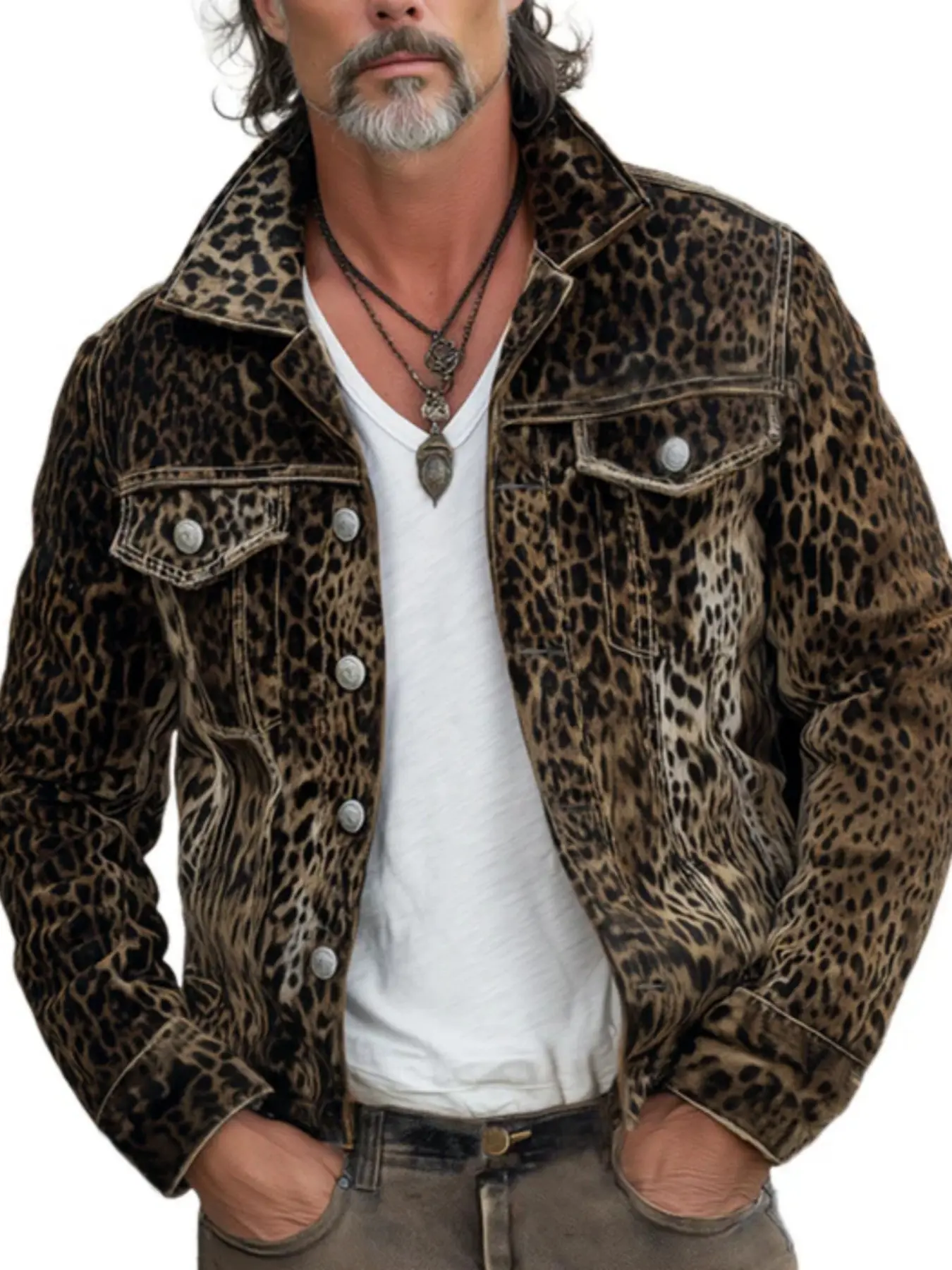 Men's Denim Jacket, High Street Vintage Leopard Print, Casual Slim-Fitting Coat, Trendy Fashion Outerwear Men's Denim Jacket, High Street Vintage Leopard Print, Casual Slim-Fitting Coat, Trendy Fashion Outerwear