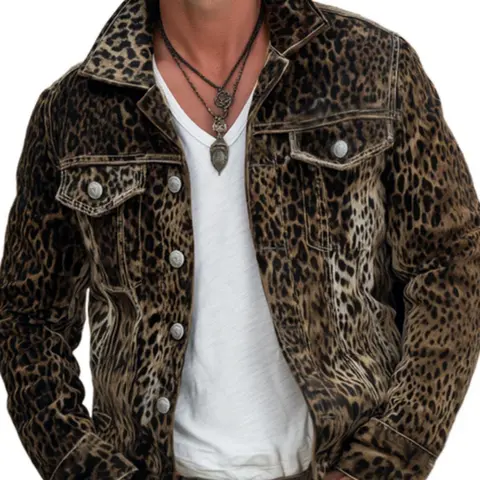 Men's Denim Jacket, High Street Vintage Leopard Print, Casual Slim-Fitting Coat, Trendy Fashion Outerwear