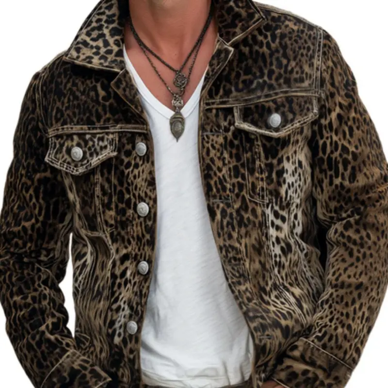 Men's Denim Jacket, High Street Vintage Leopard Print, Casual Slim-Fitting Coat, Trendy Fashion Outerwear