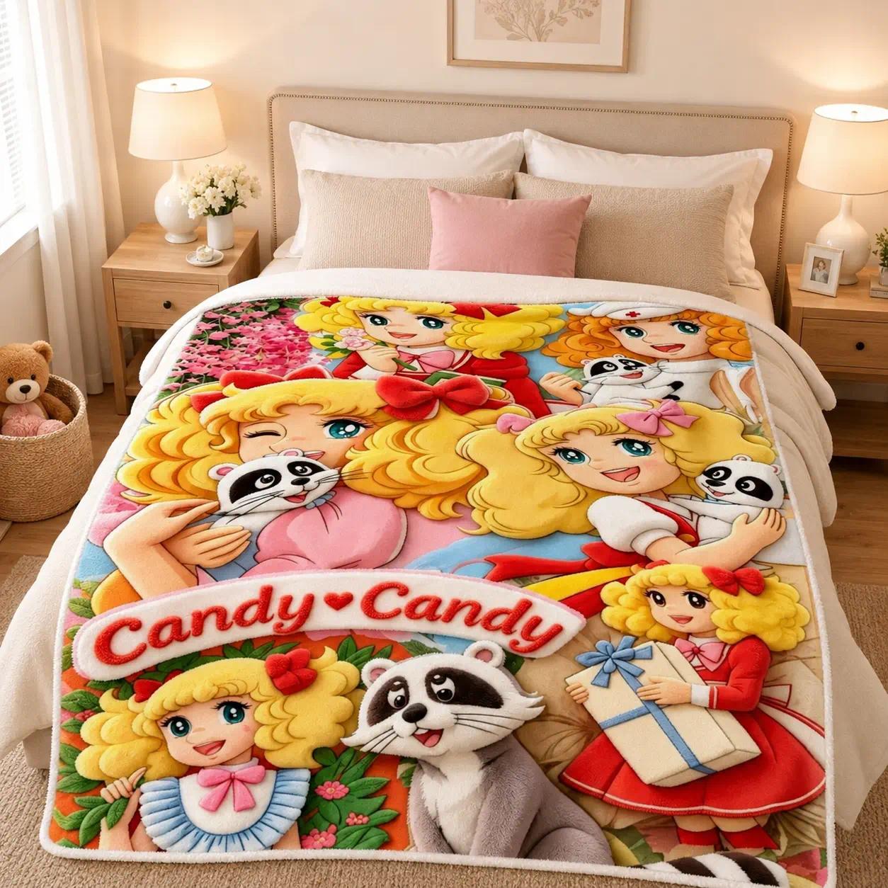 Vintage Candy Candy Classic Cartoon Girl Raccoon Pattern Flannel Throw Blankets Cooling Blankets Cooling Blanket Duvet Bedding Bed Accessories Comforter Set Retro Style Soft Ultra Cozy Lightweight Multi Purpose Decor Blanket for Bed Sofa Couch Bedroom Dor