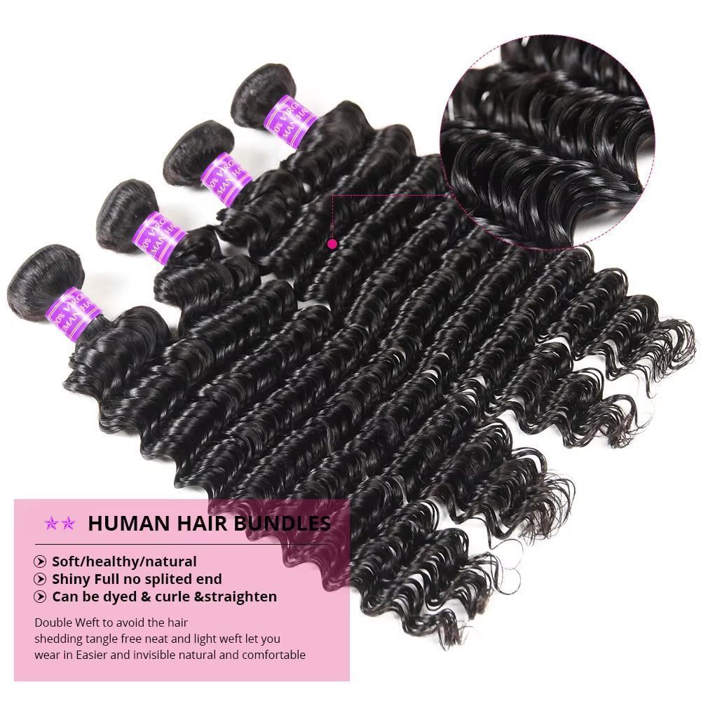 Brazilian Deep Wave Bundles With Closure Virgin Human Hair Bundles With Closure Quick Weave Extensions