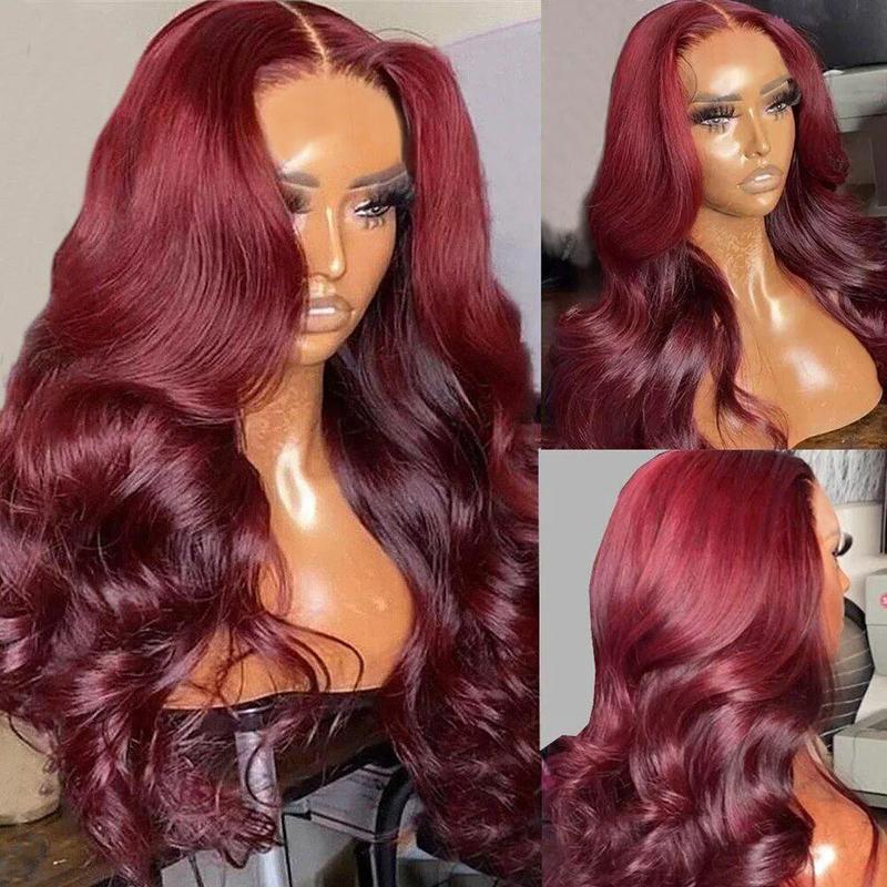 Bling Hair 7X5 Transparent Lace Closure Wig 99j Red Color Body Wave Lace Front Wig Real Hair 100% Real Hair Easy Wear To Go