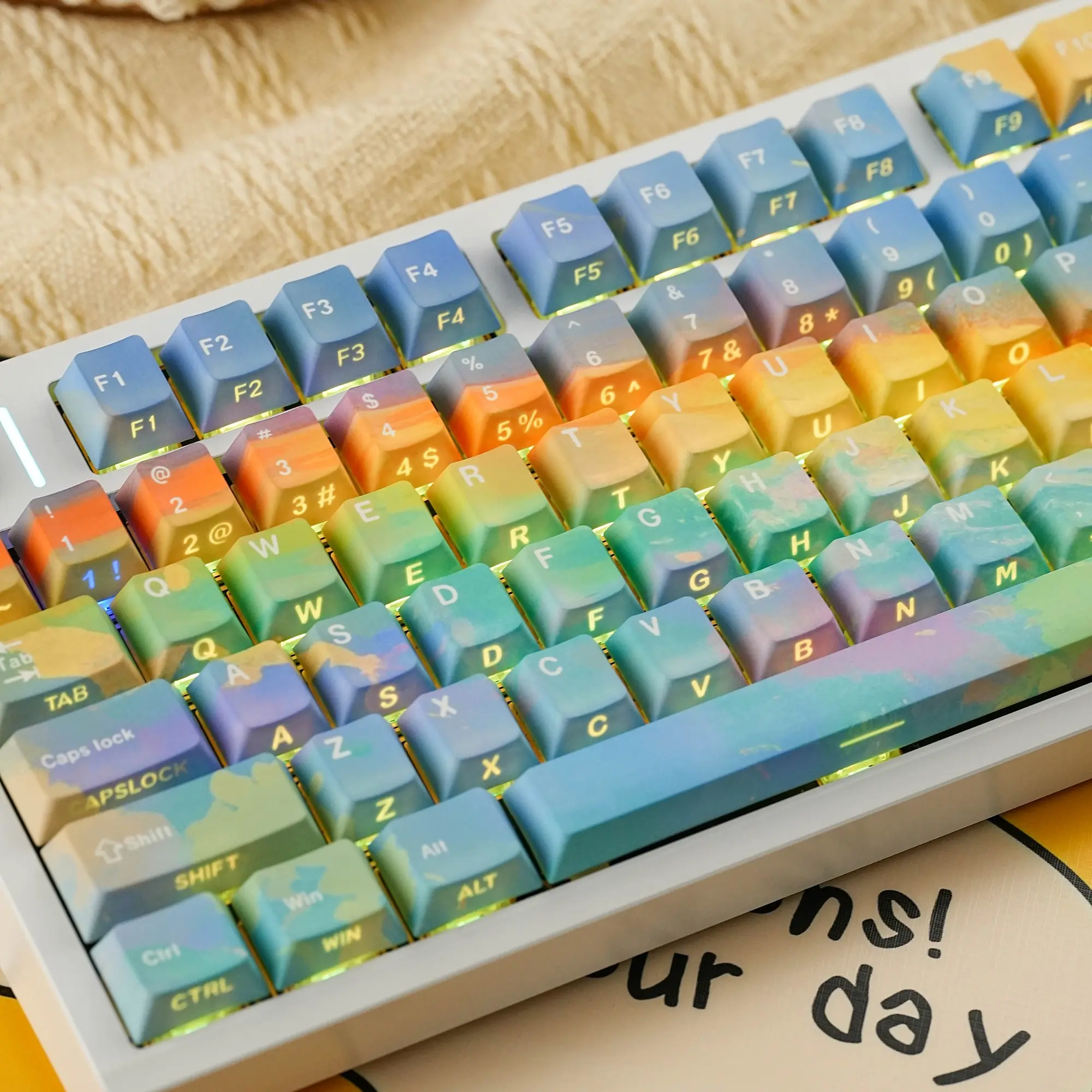 Rainbow Keycaps 131 Keys PBT Cherry Profile Side-lighted South-facing 5 Dye-Sub Big Set Suitable for Mechanical Keyboard Gradient Keycap Cute Girl Gift