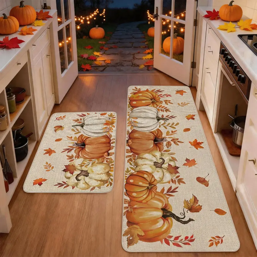 2pcs Thanksgiving Fall Kitchen Mat Gug Set with Pumpkin Maple leaves Pattern, Non-Slip Soft Low Profile,Floor Mat Set Farmhouse Kitchen Rug Dining Room Flooring Laundry Room Decor Carpet Mat, Decorative Rug Mat