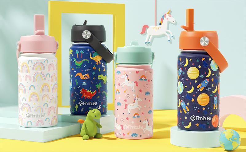 Fimibuke Insulated Water Bottle - 14oz BPA-FREE 18/8 Stainless Steel Travel Tumbler Double Wall Vacuum Leak Proof Cup with Straw Metal Water Bottles for School Boys Girls