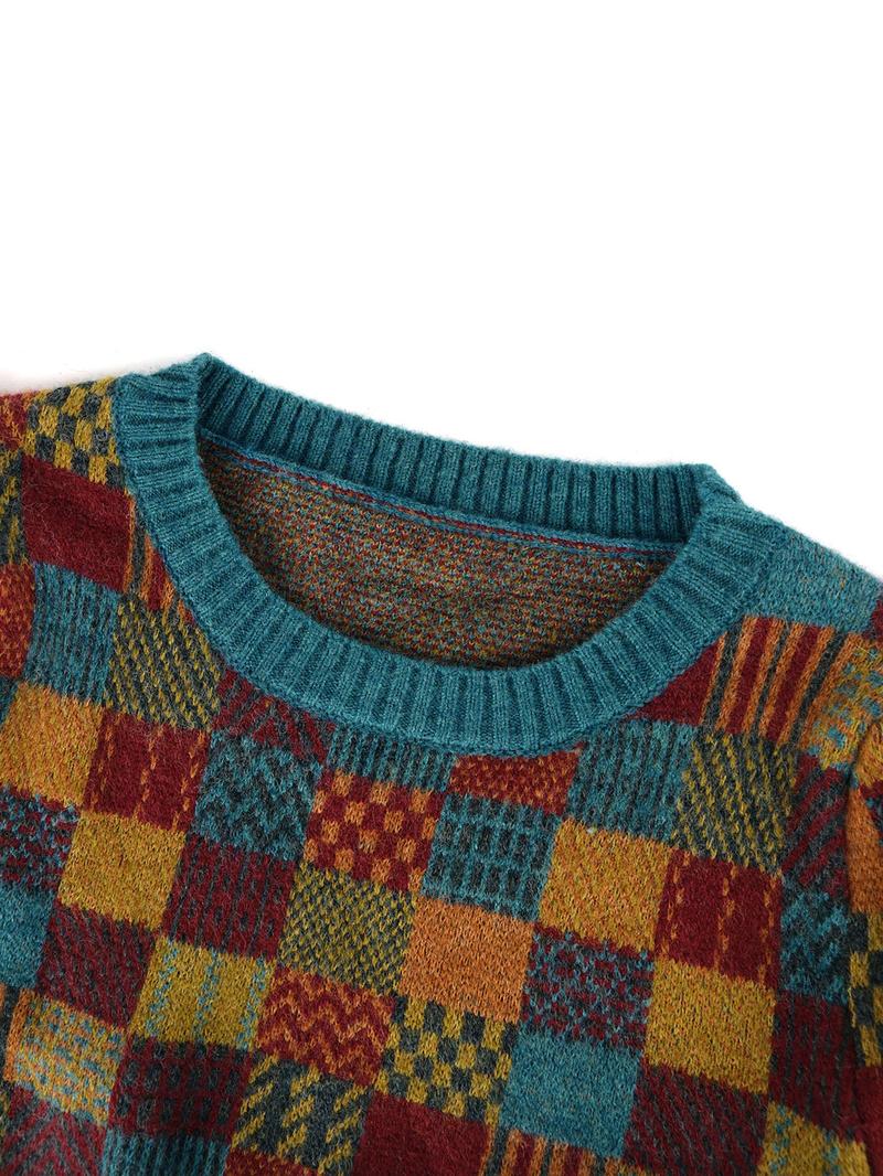 Women's Random Plaid Pattern Round Neck Sweater, Casual Half Sleeve Crew Neck Jumper for Fall & Winter, Fashion Ladies' Knitwear for Daily Wear