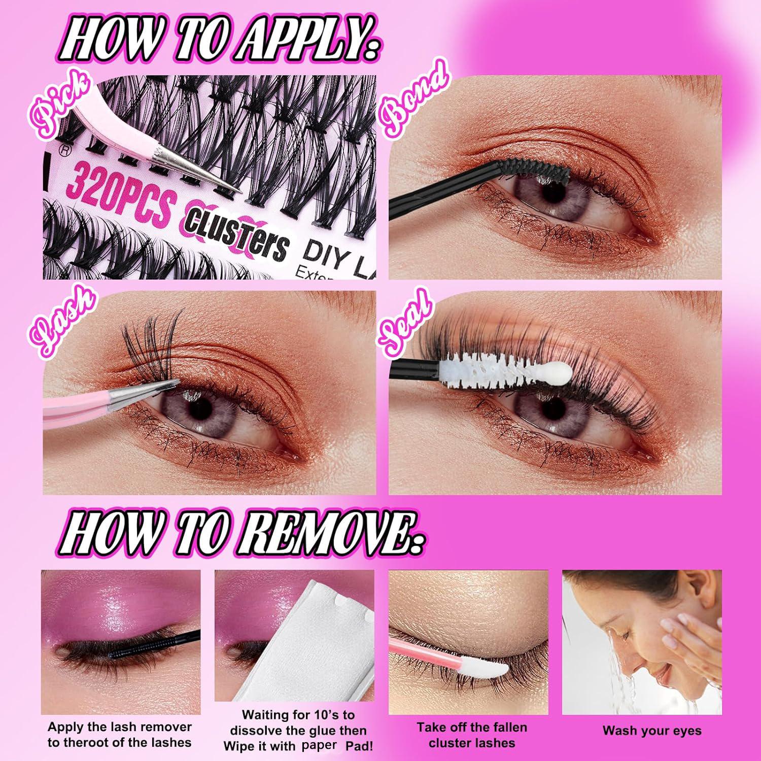 110pcs C Curl Cartoon Eyelash Cluster Kit, Eyelash Extensions Kit, Natural Look Fine Thread DIY Eyelash Extension Set with Glue Remover Tweezers Brush