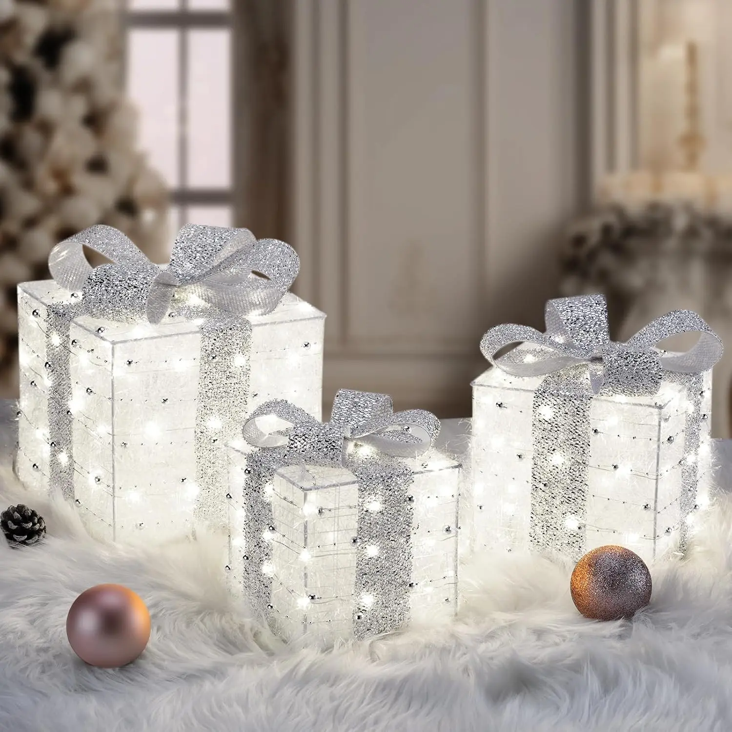 Christmas Lighted Gift Boxes, 140 LEDs Light Up Presents Christmas Decoration, 8 Modes & Timer Function Plug-in Lighted Boxes, Set of 3 Xmas Decor  Holiday Party Indoor Outdoor