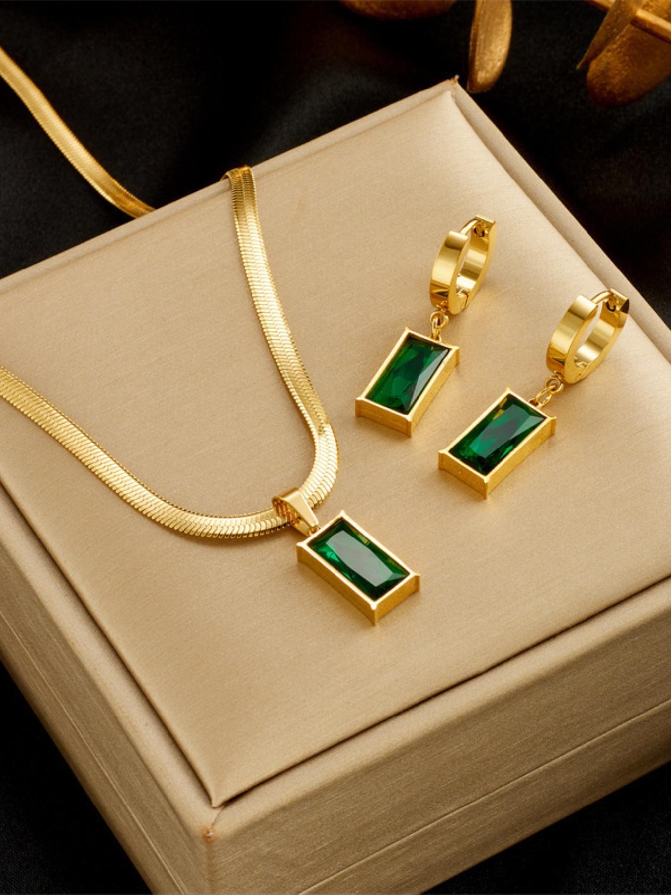 Luxury Gold Plated Green Gem Necklace Earrings Set, Elegant Emerald Jewelry for Women, Vintage Style Snake Chain Pendant Earrings, Perfect Gift for Her