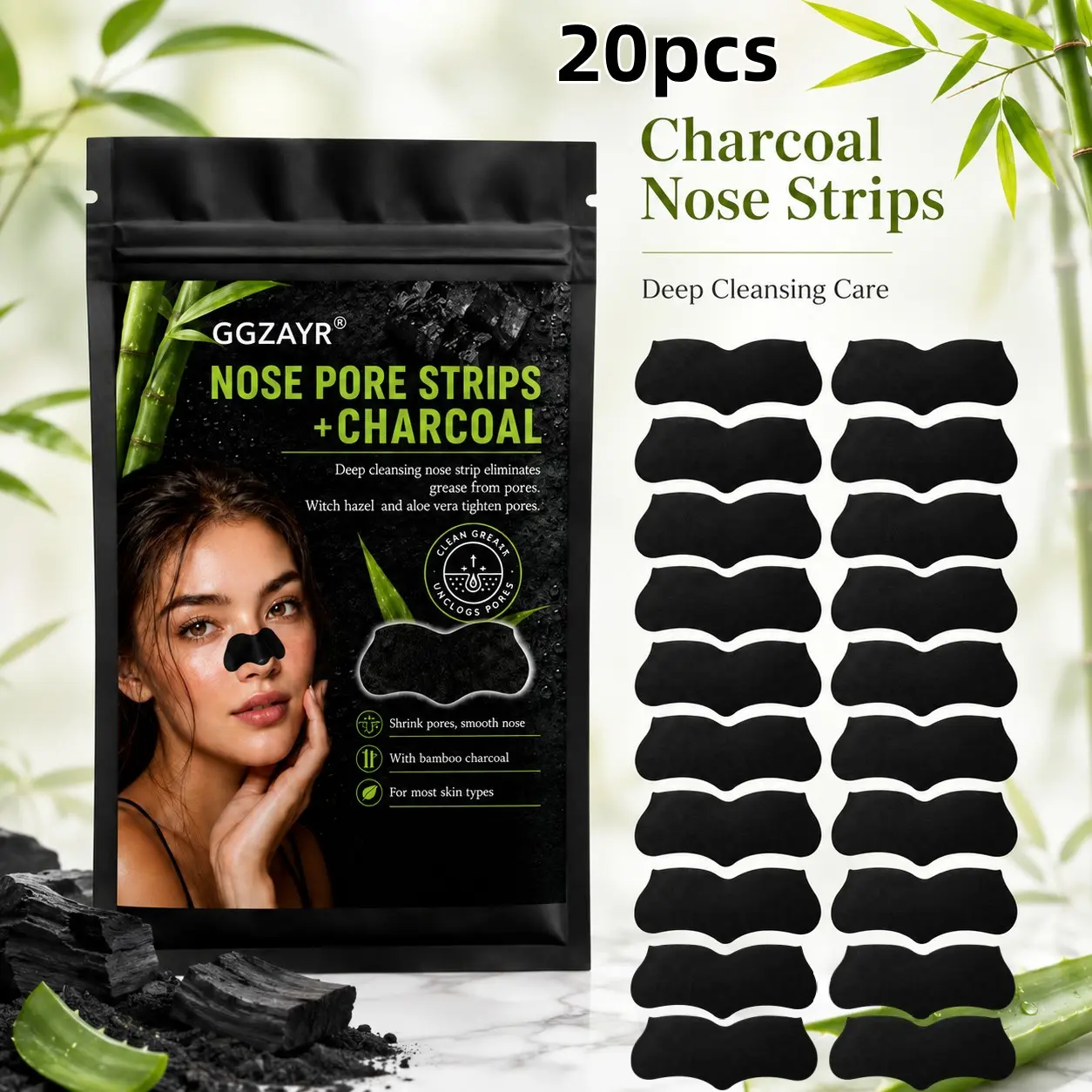 20Pcs Black Bamboo Charcoal Nose Strips, Flexible Nose Pore Care Patches for Women and Men, Easy-Apply Facial Skincare Set for Home, Travel, Spa Nights, Sleepovers, Birthday Gifts, Holiday Parties, Weekend Trips and Daily Beauty Routines
