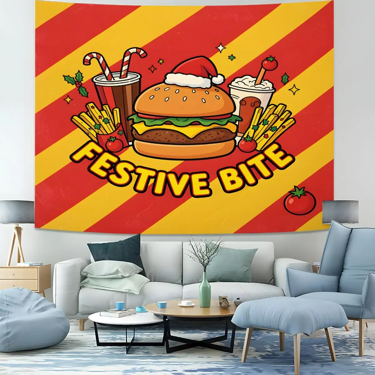 Festive Christmas Fast Food Striped Wall Tapestry,Hamburger Fries Coke Print,Party Photo Backdrop,Decor for Living Room & Dorm,Multi Colors,Great Back‑to‑School Gift