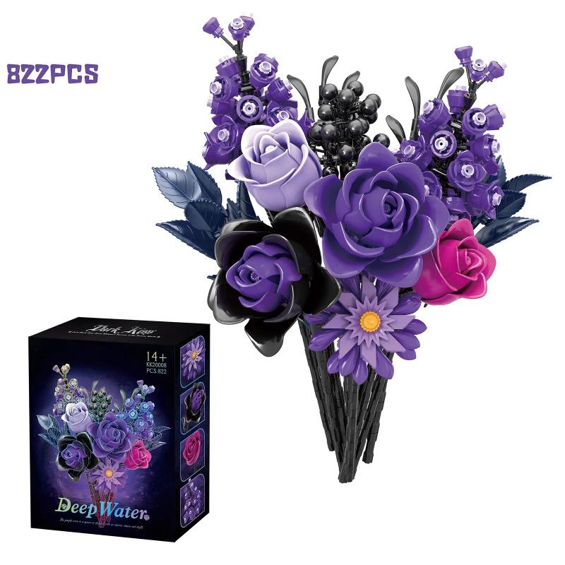 822PCS Purple Rose Gothic Bouquet Building Blocks Flowers Artificial Flowers Botanical Home Decor Valentines Mother's Day Gift