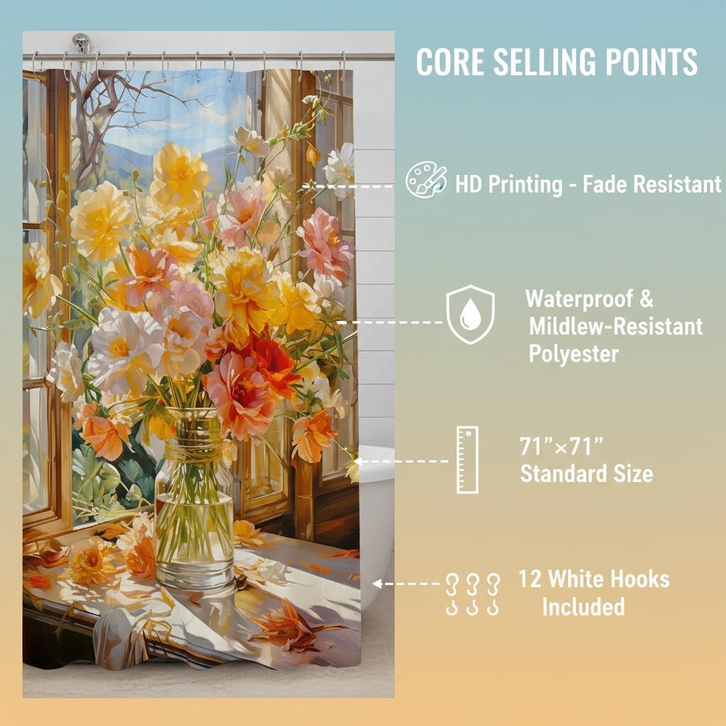 Vintage Oil Painting Style Floral Bath Curtain, European Countryside Artistic Bathroom Decor, Soft Polyester Shower Curtain for Home Hotel