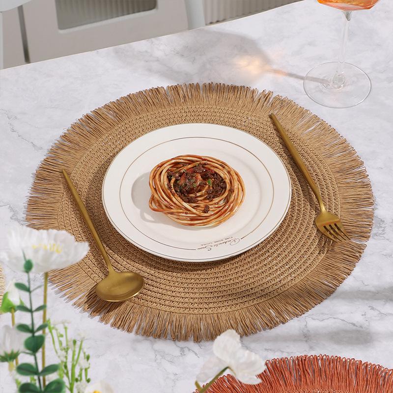 15 Inch Round Paper Braided Fringe Placemats Set, Heat Resistant Table Mats, Hotel Restaurant Decor, Non-Slip Dining Pad, Family Party Use 15 Inch Round Paper Braided Fringe Placemats Set, Heat Resistant Table Mats, Hotel Restaurant Decor, Non-Slip Dining Pad, Family Party Use