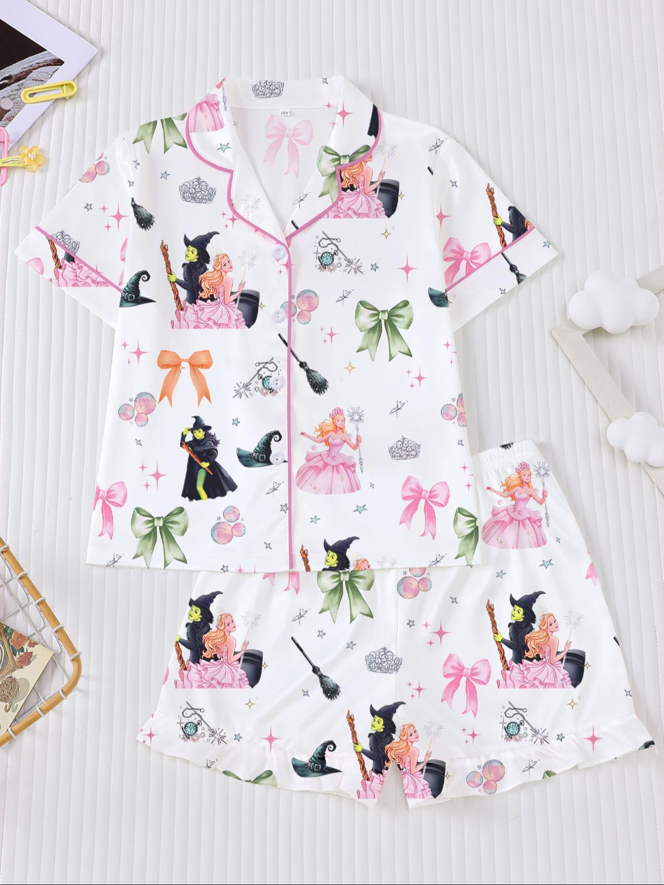Cartoon Short Sleeve Shorts Pajama Set, New Fire Retardant Button Front Shirt & Loose Elastic Waist Ruffle Pants