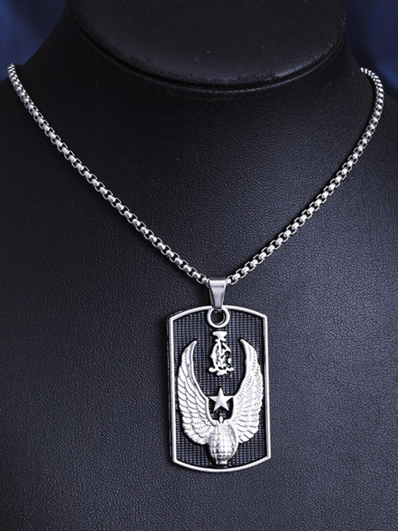 Unisex Hip-Hop Bold Brand Pendant Necklace, Stainless Steel Sweater Chain Jewelry, Trendy Military Badge Design, Fashion Accessory for Men and Women
