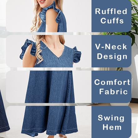 utcoco Women's Summer V Neck Long Denim Dress Casual Loose Ruffle Sleeveless Dress Minimalist V neck Womenswear sundress